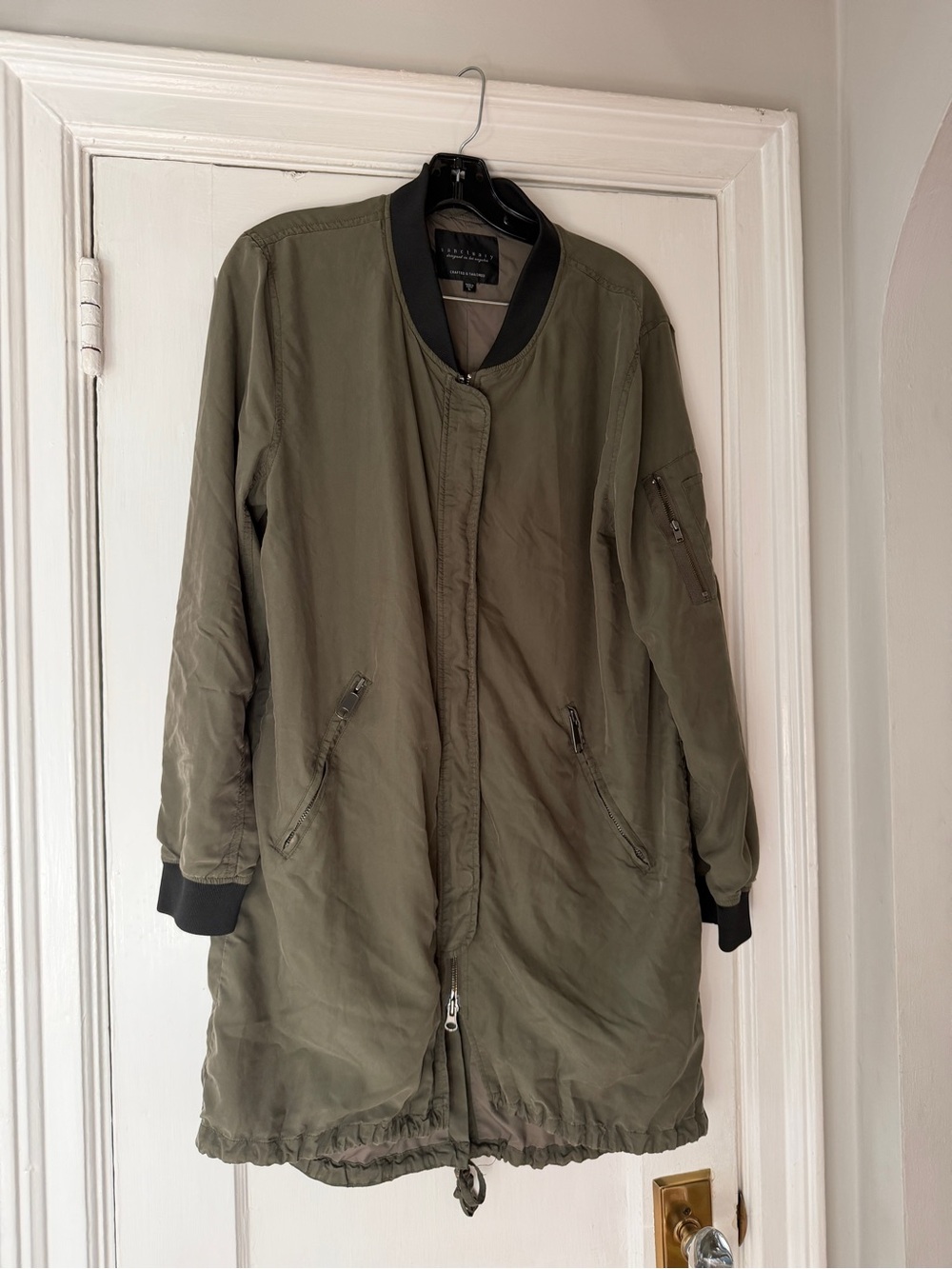 Sanctuary Olive Green Long Bomber Coat with Black Trim